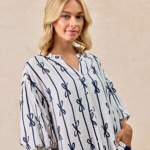 BiBi‎ Bow Ribbon Printed Woven Bubble Sleeves Top